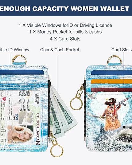 Slim Wallet Credit Card Holder, Sharks and Cats, RFID Wallet Women Cute Small Front Pocket Wallet With Zipper, PU Leather Thin travel RFID Blocking Card Case ID Window,Ladies Gifts