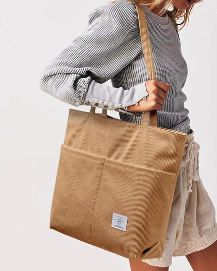 KALIDI Women Corduroy Tote Bag Zipper Casual Tote's Handbag Big Capacity Shoulder Bag with Pockets