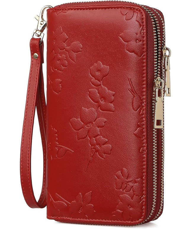 yiijay Womens Wallet RFID Blocking Large Capacity Leather Double Zip Wristlet Wallet Credit Card Phone Holder Ladies Clutch Purse Flora