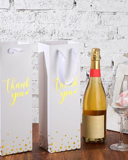 Ctosree 30 Pcs Wine Bottle Gift Bag with Handle 4.3x3.5x13.7 Liquor Paper Bag for Thank You Favor Gold Foil Kraft Whiskey Tote Carrier for Wedding Birthday Bridal Valentine's day Party(White)