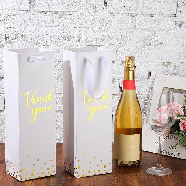 Ctosree 30 Pcs Wine Bottle Gift Bag with Handle 4.3x3.5x13.7 Liquor Paper Bag for Thank You Favor Gold Foil Kraft Whiskey Tote Carrier for Wedding Birthday Bridal Valentine's day Party(White)