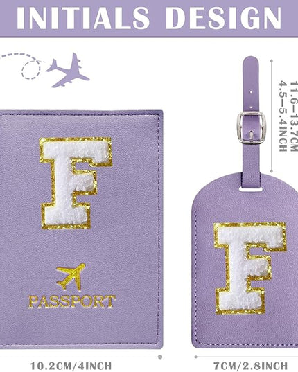 COSHAYSOO Purple Passport Cover and Luggage Tag Set TSA Approved with Her Initial Chenille Letter Patch, Monogrammed Travel Bag Backpack Suitcase Identifier Gifts for Mom Women Teacher (F)