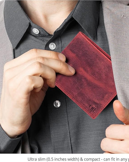 Oak Leathers Slim Leather Wallet for Men - RFID Blocking Slim Minimalist Front Pocket - Thin & Stylish with ID Window, Gift For Men (Vintage Plum)