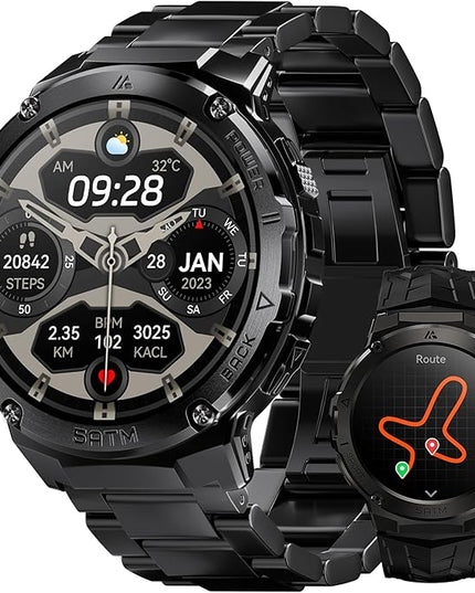 Smart Watches for Men GPS, Pressure,Altitude,Compass, 480mAh Extra-Large Battery, 50M Waterproof, Full Metal Body Rugged Smartwatch, Answer/Make Call,1.43" AMOLED Display (Black)