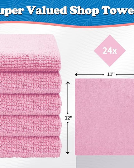 FIXSMITH Microfiber Cleaning Cloth, Shop Towels Bulk, 24 Pack Pink Microfiber Towels for Cars, All-Purpose Absorbent Cleaning Rags, Dust Cloth for Automotive, Mechanic, Garage, Bar, 12 x 11 inch