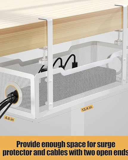 2 Pack Under Desk Cable Management Box White, Cinati 26.8" Wire Organizers No Drill, Cord Organization Tray with Clamp for Office, Home - No Damage to Desk