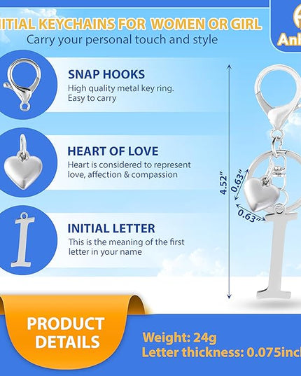 A-Z Heart Initial Letter Keychain, Stainless Steel Alphabet Charm for Handbags, Gift for Women and Girls
