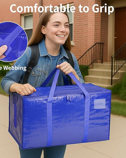 8 Pack-Extra Large Heavy Duty Moving Bags - Waterproof Storage Totes with Handles & Zippers, Foldable for College Dorm, Storage (Blue)
