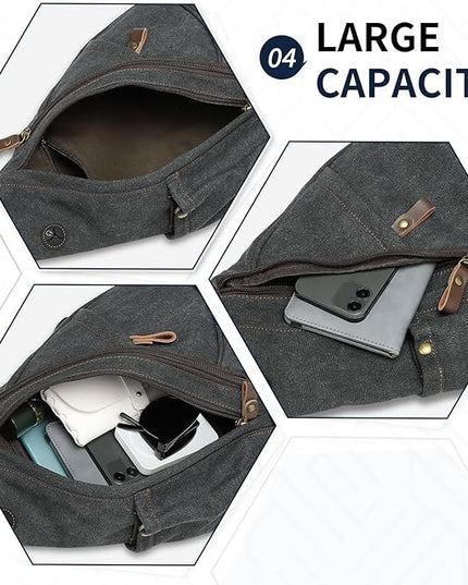 Vintage Canvas Sling Bag with Genuine Leather Zipper, 3 in 1 Crossbody, Backpack, and Chest Bag, for Travel, Hiking, 16x10x6 Inches, Black