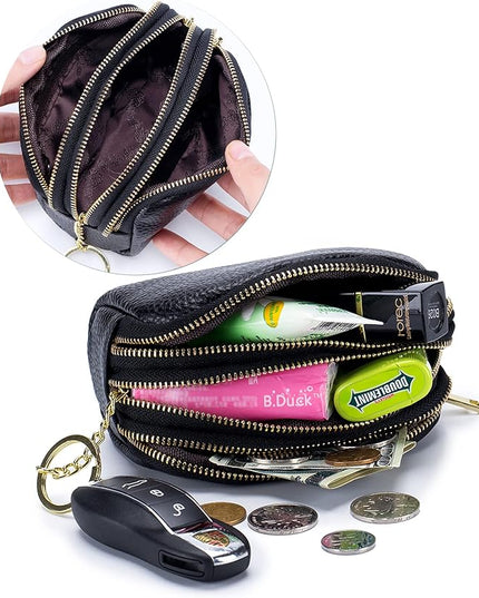 LINNO 3 Zippered Genuine Leather Coin Purse Triple Capacity Change Pouch Little Travel Wallet With Key Ring for Women