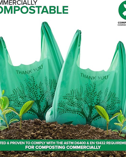 100 Pack Thank You Bags Disposable Eco Grocery T-Shirt Bag with Handles for Supermarket, Groceries, Produce, Shopping, Trash, Small Commercially Compostable Baggies Bulk