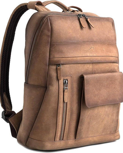 VELEZ Brown Leather Backpack for Men & Women - Large Capacity Laptop Travel Backpack with 17" Sleeve - Vintage Travel Bag with Adjustable Straps, Multiple Pockets & Trolley Sleeve
