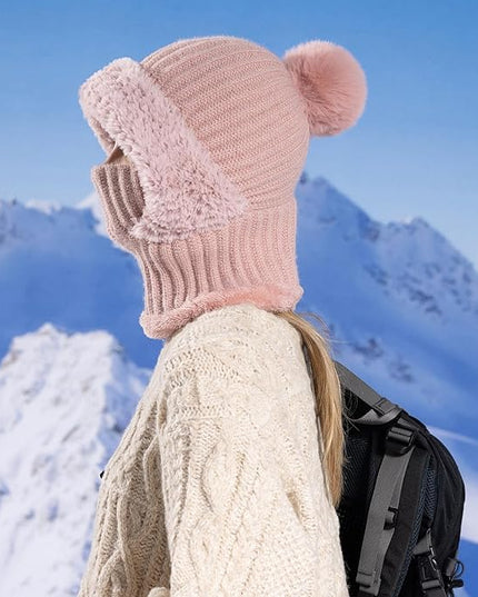 HUAMULAN Women Winter Beanie Hats One Piece Fleece Lined Knit Balaclavas Mask Set Skull Neck Circle Scarf Ski Snow Hat Pompom