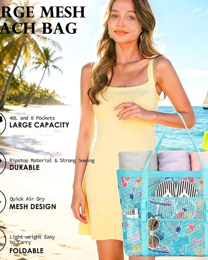 Mesh Beach Bag, Large Beach Tote with Zipper Pocket, Toys Pool Bag for Family Travel Vacation Cruise Essentials