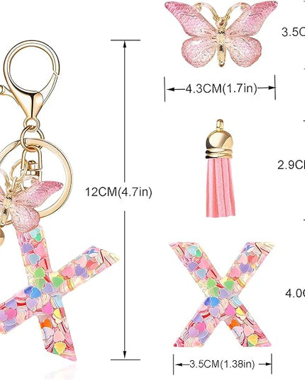 Fashion Alphabet Initial Letter Keychain Tassel Butterfly Pendant Key Ring for Purse Handbags Women Girl