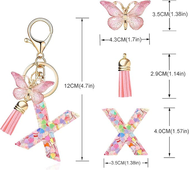 Fashion Alphabet Initial Letter Keychain Tassel Butterfly Pendant Key Ring for Purse Handbags Women Girl