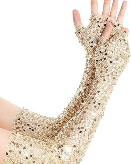 BABEYOND Opera Gloves for Women - Long Fingerless Sequin Sparkling Glitter Gloves Tea Party Stretchy Adult Size Elbow Length