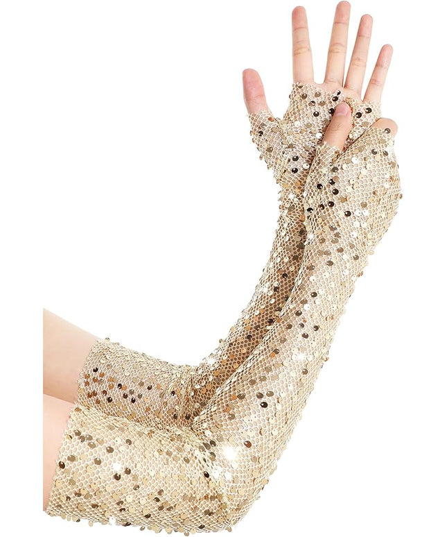 BABEYOND Opera Gloves for Women - Long Fingerless Sequin Sparkling Glitter Gloves Tea Party Stretchy Adult Size Elbow Length