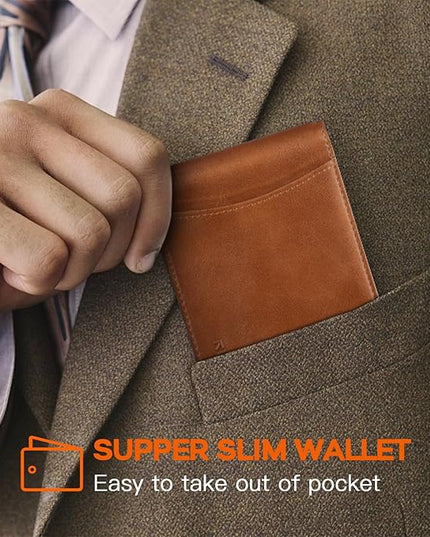 RUNBOX Slim Wallet for Men Genuine Leather RFID Blocking Bifold Minimalist Front Pocket Mens Wallet with Money Clip Thin Gift Box