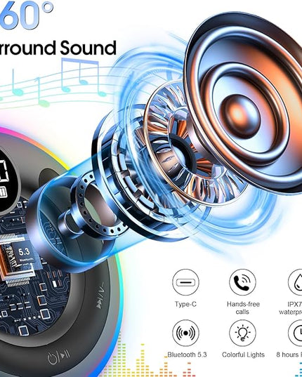 Bluetooth Speaker, HD Stereo Sound Shower Speaker, IPX7 Waterproof, Digital Display Portable Speaker with Suction Cup, LED Light, Small Wireless Speakers for Outdoor Party Beach Bathroom, Blue