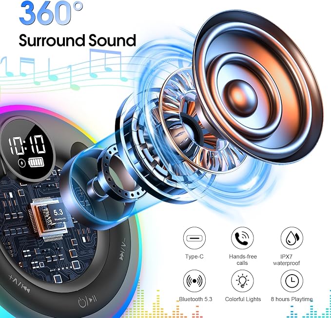Bluetooth Speaker, Shower Speaker Stereo Sound, IPX7 Waterproof Speakers, Digital Display Portable Speaker with Suction Cup, LED Light, Small Wireless Speakers for Outdoor Party Beach Bathroom, Black