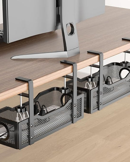2 Pack Under Desk Cable Management Box Black, Cinati 26.8" Wire Organizers No Drill, Cord Organization Tray with Clamp for Office, Home - No Damage to Desk