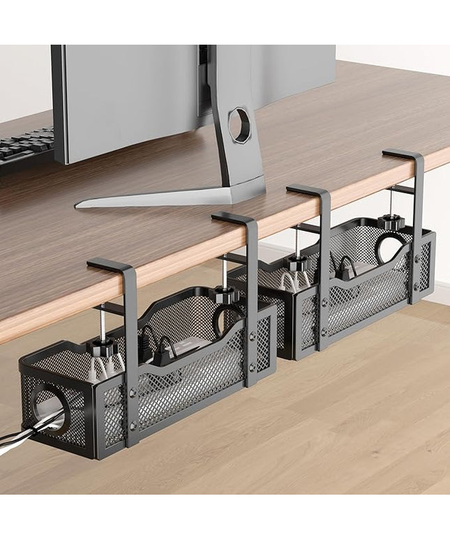 2 Pack Under Desk Cable Management Box Black, Cinati 26.8" Wire Organizers No Drill, Cord Organization Tray with Clamp for Office, Home - No Damage to Desk