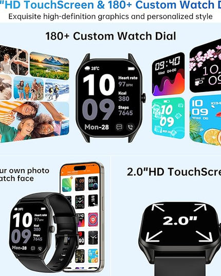 Smart Watch for Men Women, 2.0" HD Touchscreen Fitness Tracker, Bluetooth Calls/Notifications, IP68 Waterproof, 100+ Sport Modes Fitness Watch, Heart Rate Sleep Monitor Smartwatch for Android iOS