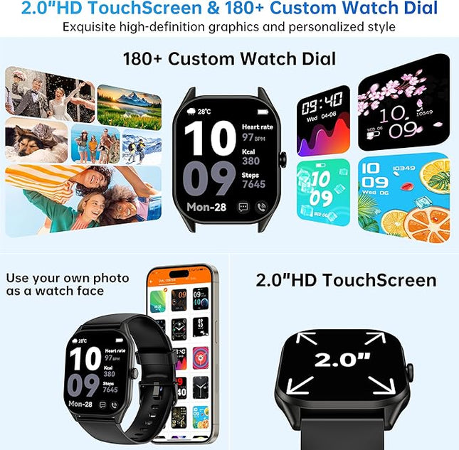 Smart Watch for Men Women, 2.0" HD Touchscreen Fitness Tracker, Bluetooth Calls/Notifications, IP68 Waterproof, 100+ Sport Modes Fitness Watch, Heart Rate Sleep Monitor Smartwatch for Android iOS