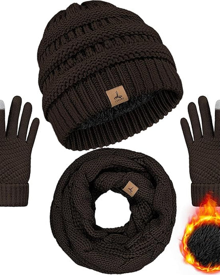 Winter Beanie Hat Scarf Gloves, Warm Fleece Knit Hats Touch Screen Gloves Neck Scarf Set Winter Gifts for Unisex Adult