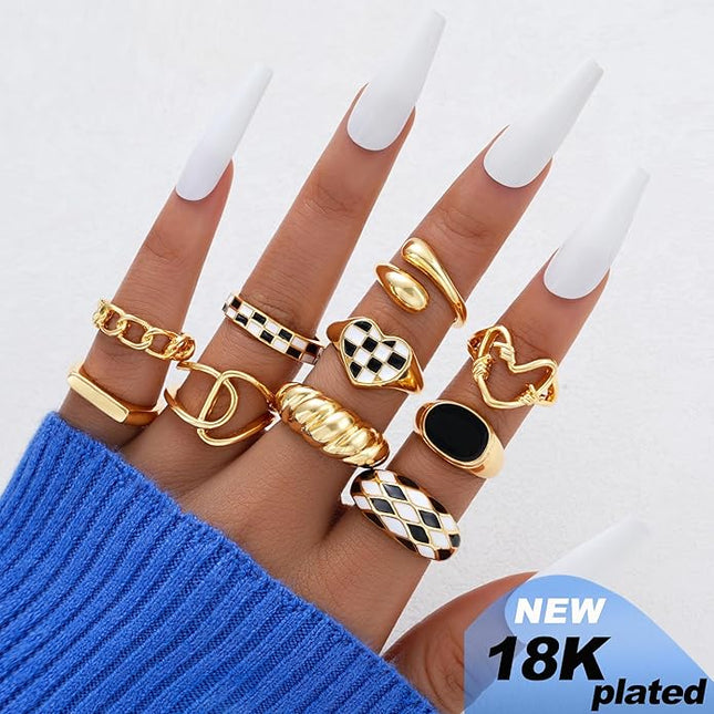 ÌF ME 10 PCS Gold Rings Set for Women Non Tarnish, 18K Gold Plated Chunky Stackable Rings, Statement Stacking Womens Ring Pack
