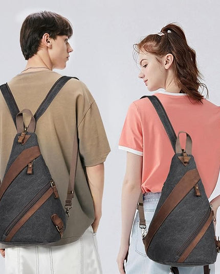 KL928 Canvas Sling Bag for Men Women, Genuine Leather Design Shoulder Crossbody Bags Backpacks Travel Daypack with Earphone Hole Rucksack, Black