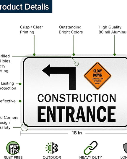 Slow Down Construction Entrance Ahead With Left Arrow Sign, 12x18 Inches, 3M EGP Reflective .063 Aluminum, Fade Resistant, Made in USA by My Sign Center