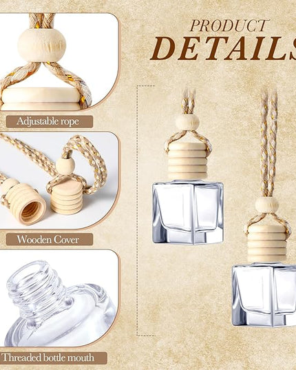 BBTO 200 Pcs Hanging Car Diffuser Bottles Bulk, Empty Clear Glass Air Freshener Bottles with Wooden Cap for Perfume Essential Oils Fragrance Aromatherapy Ornament(Square)