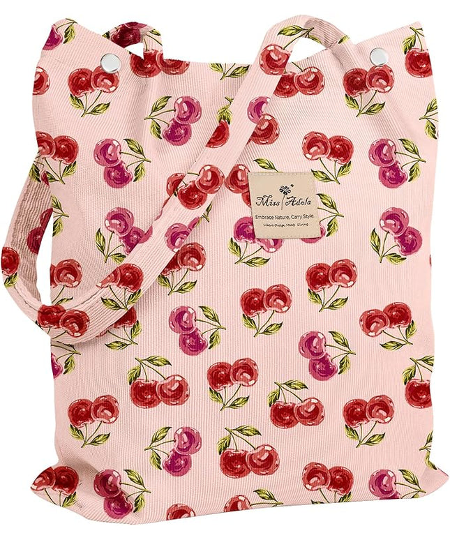 Corduroy Tote Bag for Women - Reusable Totes with Pocket & Buckle Cute Aesthetic Shoulder Bag for Work Travel