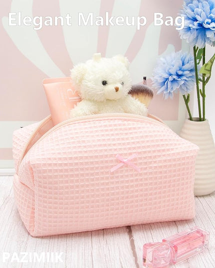 PAZIMIIK 2PCS Cozy Makeup Bag Travel Cosmetic Bag for Women Soft Toiletry Bag Aesthetic Makeup Organizer Portable Large Zipper Pouch for Skincare Beauty Accessories Brushes Waffle Check Light Pink