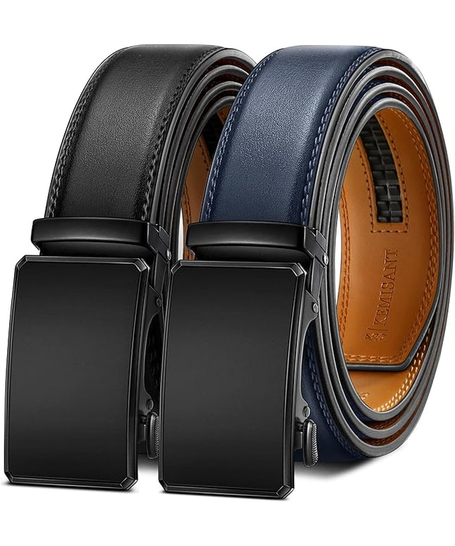 KEMISANT Men Belt 2 Pack, Leather Ratchet Belt Easy Click Slide For Men 1 3/8",Cut for Fit