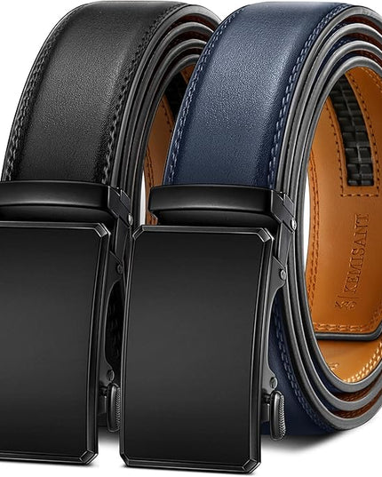 KEMISANT Men Belt 2 Pack, Leather Ratchet Belt Easy Click Slide For Men 1 3/8",Cut for Fit
