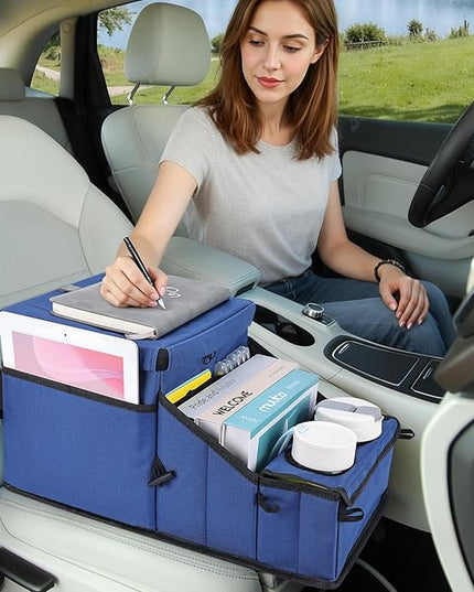 COOLBEBE Car Seat Organizer, Backseat Car Organizer with Cup Holders for Kids and Adults Travel, Cooler Compartment Passenger Seat Organizer Storage Box for Front or Middle Seat, Navy Blue