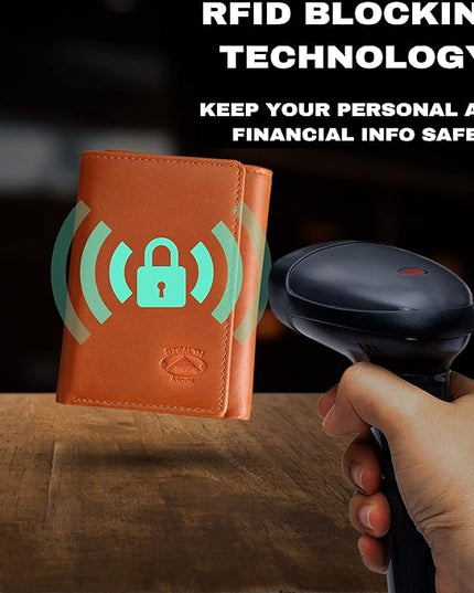 Stealth Mode Trifold Wallet - RFID Blocking Wallet with Flip ID Holder - Leather Case for Money, Credit Cards - Mens Organizer, Divided Billfold, Identity Protection - Men's Gifts (Light Brown)