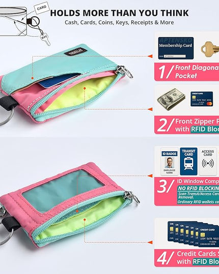 RFID Travel Wallet with Adjustable Lanyard-Zipper Small Wallet with ID Card Holder, Keychain for women&men-Minimalist Slim Waterproof Nylon case for ID, Cash, Key (Mint Aqua+Pink)