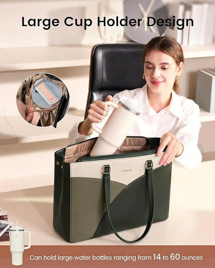 LOVEVOOK Laptop Bag for Women,16 Inch Work Teacher Bags Leather Tote Bag Briefcase Waterproof Computer Bag for Women，White and Green