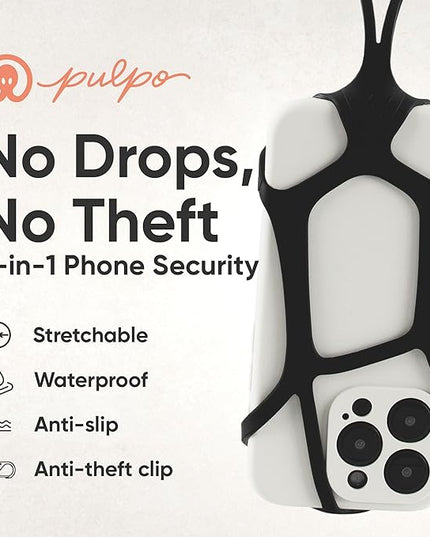 Pulpo Safety Cell Phone Lanyard Black Fits Smartphones 6.1" to 6.8” - Anti Theft Phone Strap for Men & Women, Lanyards for Phones, Hiking Phone Holder & Cellphone Lanyard, Silicone Crossbody Straps