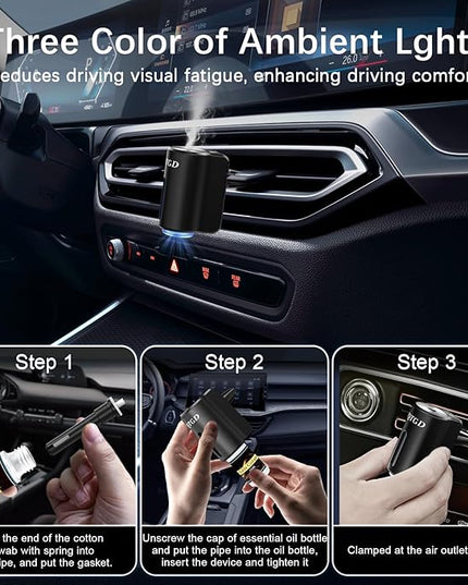 Smart Car Air Freshener, Car Air Freshener Diffuser with 3 Adjustable Light Modes, Rechargeable Aromatizante para Carro with 8pcs Essential Oil, Long-Lasting, Black