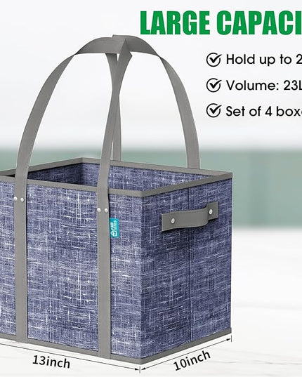 Fab totes Reusable Grocery Bags, Large Foldable Shopping Tote Bags with Reinforced Handles & Hard Bottom,4 Pack,Blue
