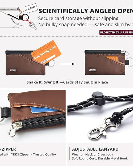 RFID Travel Wallet with Adjustable Lanyard-Zipper Small Wallet with ID Card Holder, Keychain for women&men-Minimalist Slim Waterproof Nylon case for ID, Cash, Key (Coffee)