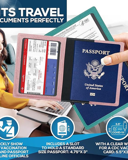 Ciana Passport Holder for Travel – PU Leather Passport Cover and Card Holder for Men & Women – Slim Passport Holder with Card Protector Slot, Travel Must Haves (Turquoise and Rose Gold)