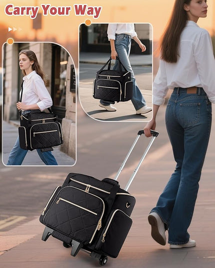 Rolling Teacher Bag with 15.6" Laptop Compartment, Wheeled Work Briefcase Tote with Detachable Trolley for Women, Black