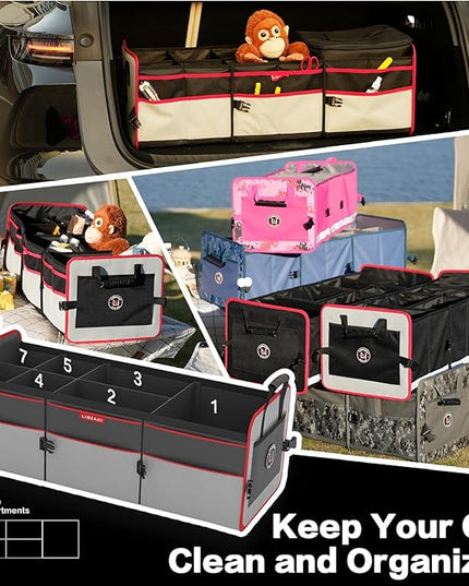 LIBZAKI Car Trunk Organizer,3 Compartments Big Trunk Storage, Large Capacity, Foldable, 95L Heavy Duty Storage Box for Car, SUV, Truck,Jeep, Includes 26L Cooler Bag-Gray&Black