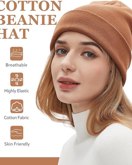 100% Cotton Beanies for Men Women Cotton Hats Soft Warm Unisex Cuffed Plain Skull Hat Autumn Winter Slouchy Knitted Cap